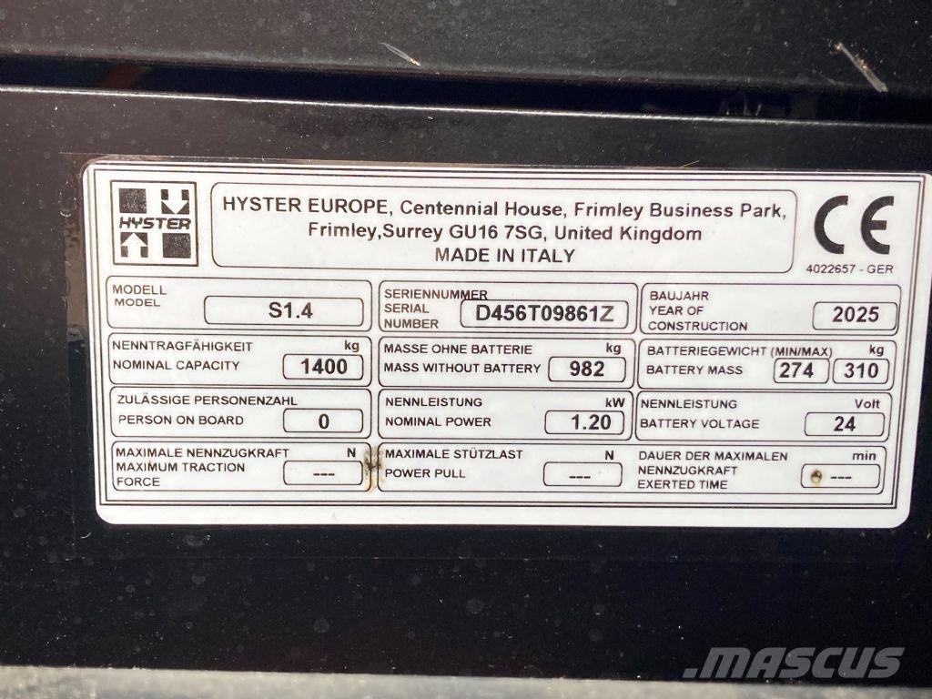 Hyster S 1.4 行走控制式堆積機