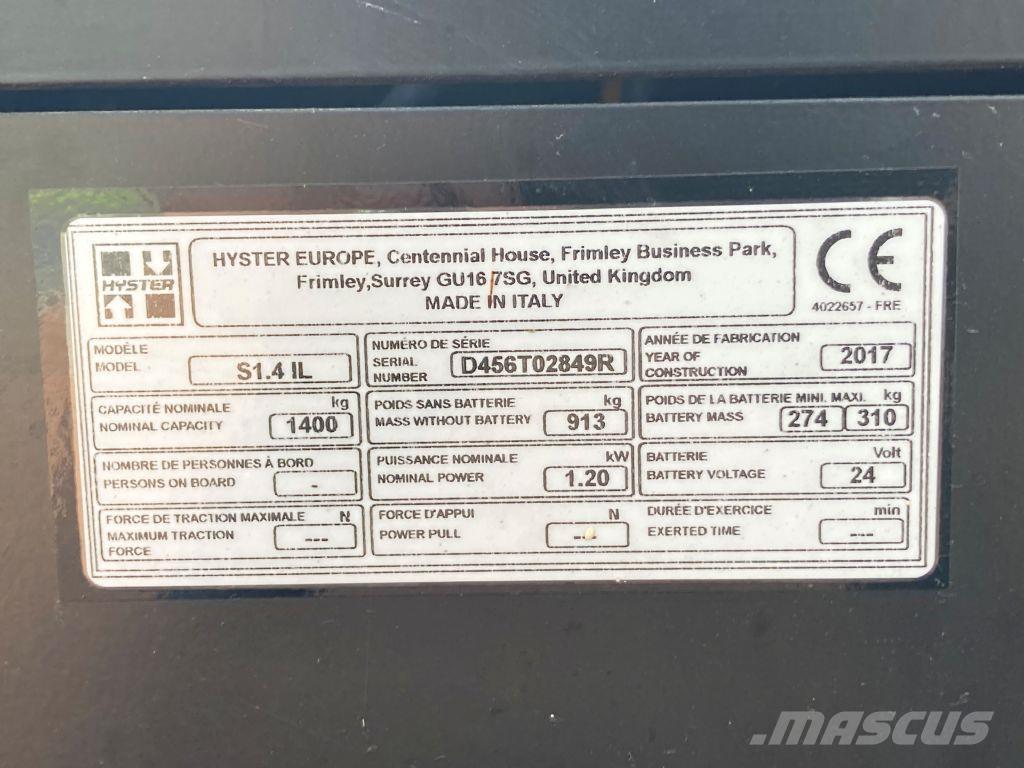 Hyster S 1.4 IL 行走控制式堆積機