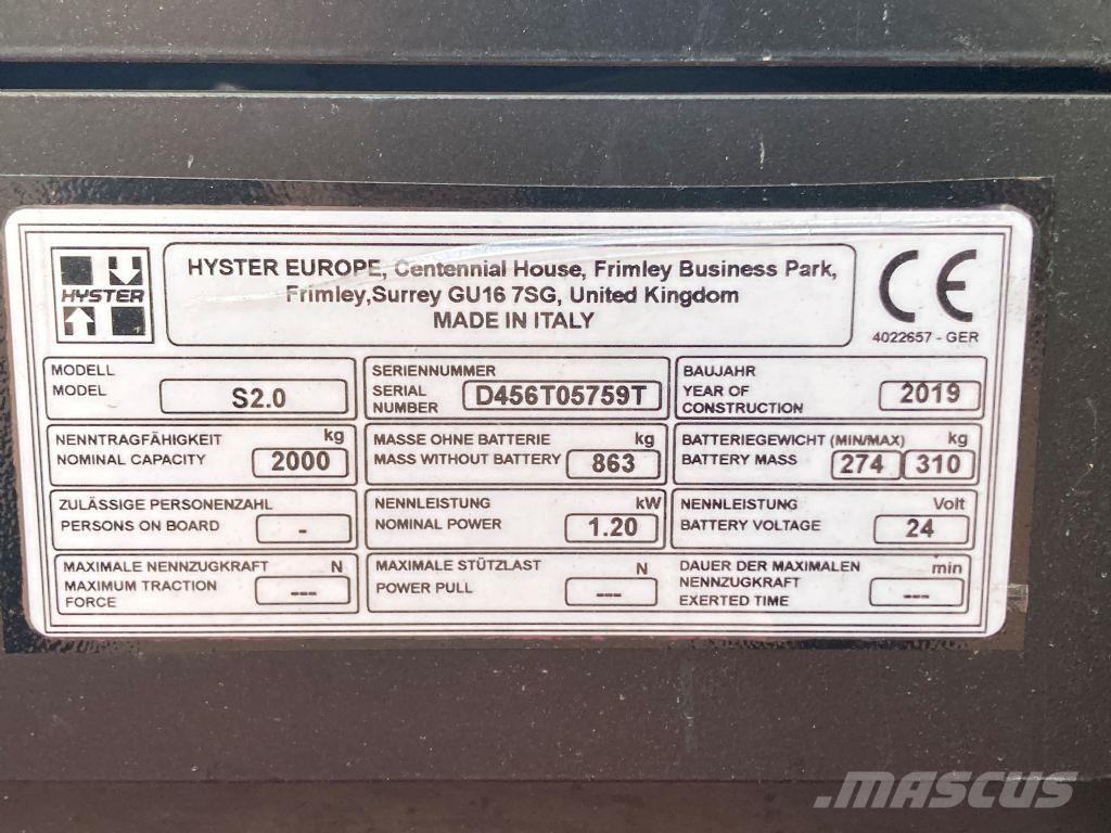 Hyster S 2.0 行走控制式堆積機