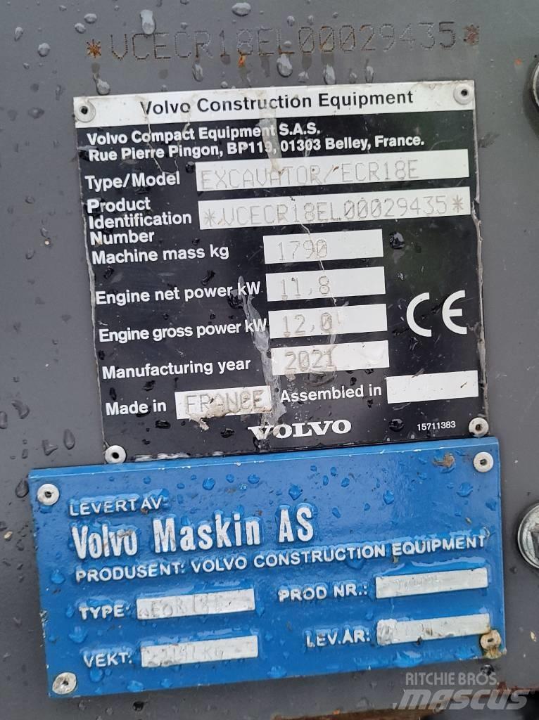 Volvo ECR18E 小型挖土機/掘鑿機<7t(小型挖掘機)