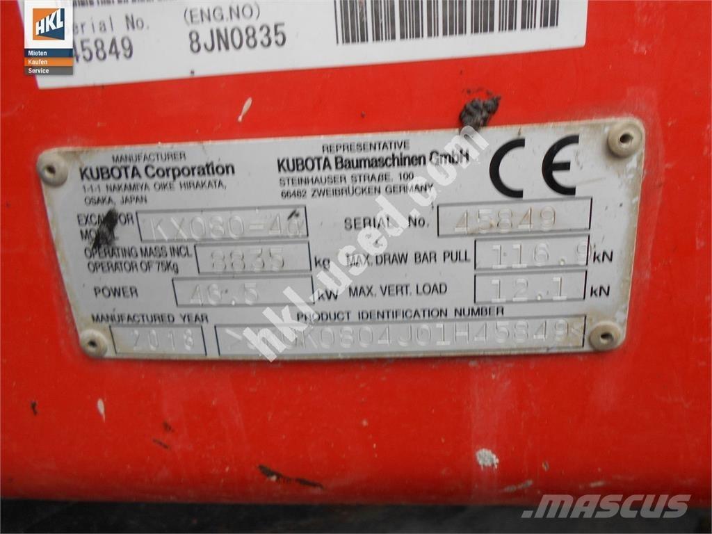 Kubota KX 080-4 小型挖土機/掘鑿機<7t(小型挖掘機)