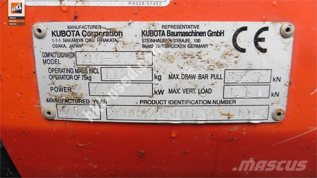 Kubota U 10-3 小型挖土機/掘鑿機<7t(小型挖掘機)