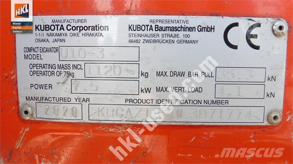 Kubota U 10-3 小型挖土機/掘鑿機<7t(小型挖掘機)