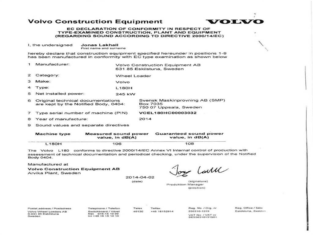 Volvo L180H 輪胎式裝載機