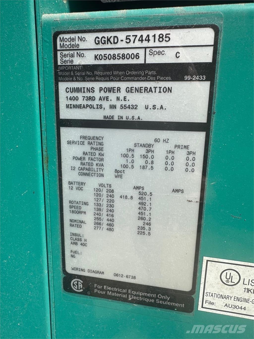 Cummins 150kW 天然氣發電機